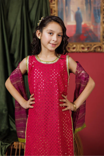 KDD-03050 | Shocking Pink & Pruple | Formal 3 Piece Suit | Viscose Crinkle Chiffon